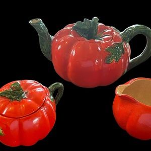 Vintage MARUHON WARE JAPAN 5 pc Pumpkin Tomato TEA SET Teapot Creamer Sugar